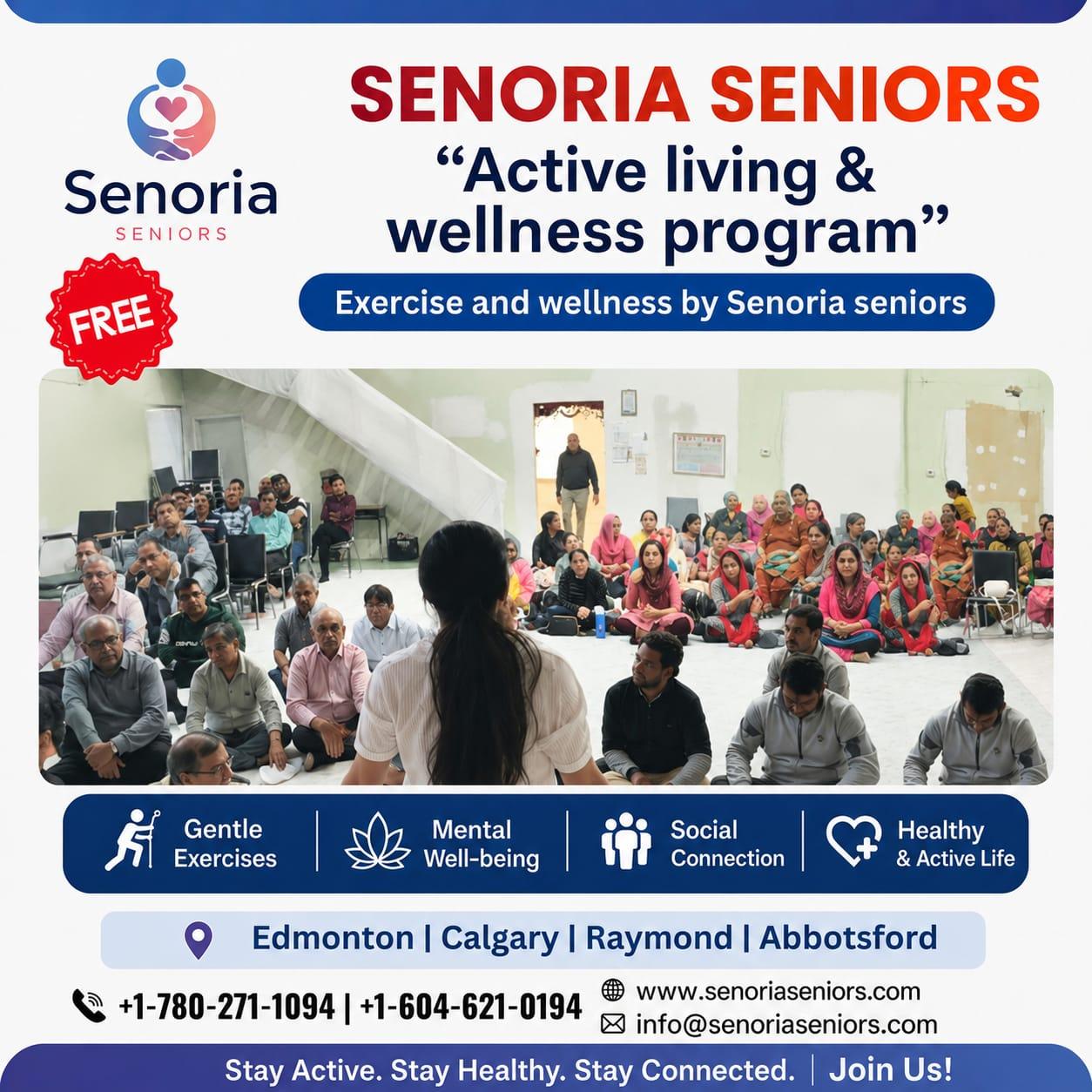 Active Living and Wellness Program poster with seniors attending a session